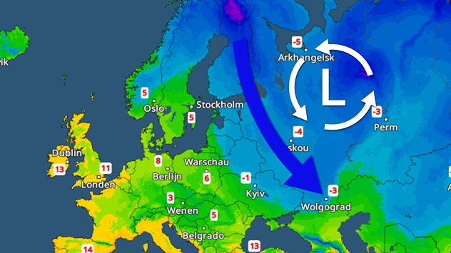 Een temperatuurkaart met blauwe kleuren in Oost-Europa die de koude-uitbraak weergeven.