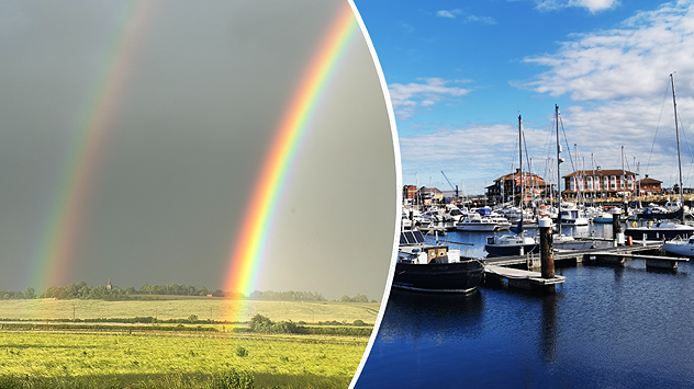 Split image showing a vivid double rainbow over green fields beside a sunny marina filled with boats beneath blue skies.