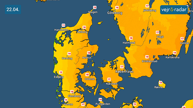 VejrRadar over Danmark den 22. april med lune temperaturer mellem 11 og 19 grader.