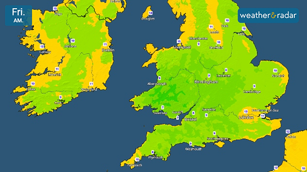 Friday morning temperature map of the UK and Ireland showing cool early conditions, with temperatures generally between 7°C and 13°C. Lowest values are around 7°C in parts of southwest England and South Wales, while Ireland ranges from 9°C to 11°C and northern Scotland reaches around 10°C.