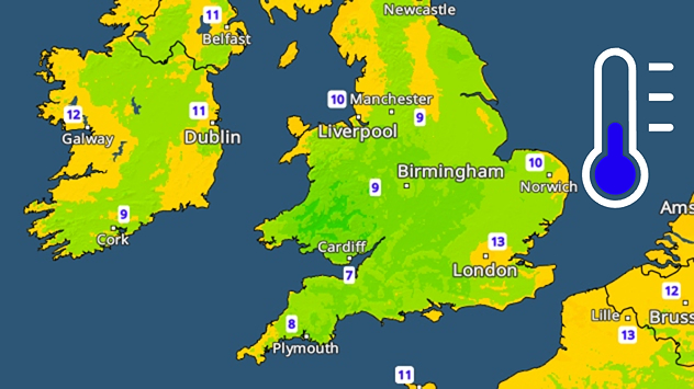 Morning temperature map of the UK and Ireland showing cool conditions, with temperatures ranging from 7°C in South Wales to 13°C in southeast England. Ireland records 9–12°C, while much of England and Wales is between 8°C and 10°C. A blue thermometer icon highlights the cooler weather.
