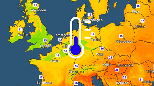 Radar des températures indiquant les températures minimales nocturnes en Europe centrale. L'air plus frais touche principalement l'ouest et le nord, tandis que le sud-est reste nettement plus chaud.