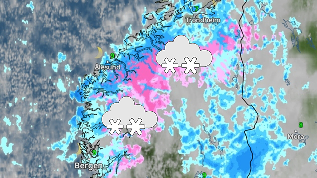 WetterRadar zeigt Schneefall in Teilen Norwegens, besonders bei Bergen, Ålesund und Trondheim.