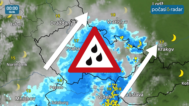 Meteoradar, screenshot, 3. 8. 0:00: Část Česka zasáhne vydatný déšť v souvislosti s přechodem frontální vlny od jihozápadu.
