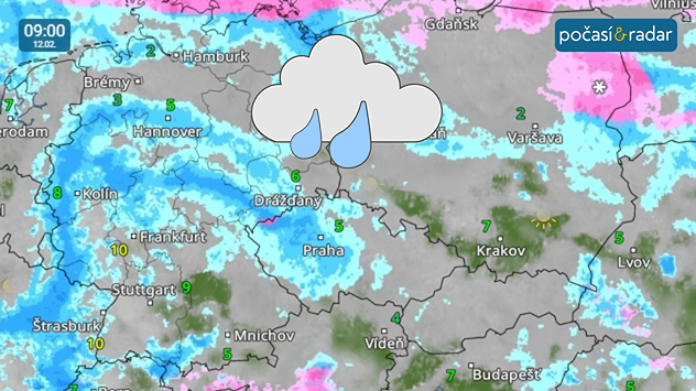 Meteoradar, screenshot, 12. 2. 9:00: Ve čtvrtek bude přes Česko od západu přecházet další frontální systém, který k nám přinese déšť.