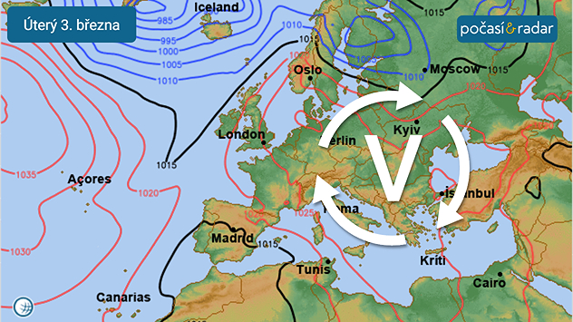 Stav synoptické situace nad Evropou v úterý 3. března: Počasí v Česku v těchto dnech určuje rozsáhlá tlaková výše.