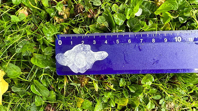 In Villingen-Schwenningen östlich von Freiburg im Breisgau gibt es bis zu vier Zentimeter großen Hagel. 