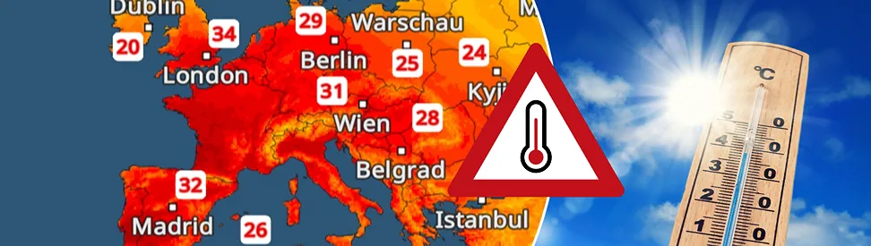 Wetterkarte von Europa mit verbreiteter Hitze über 30 Grad und Warnsymbol für außergewöhnlich hohe Temperaturen.