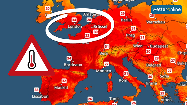 Wetterkarte von Europa mit verbreiteter Hitze über 30 Grad und Warnsymbol für außergewöhnlich hohe Temperaturen.