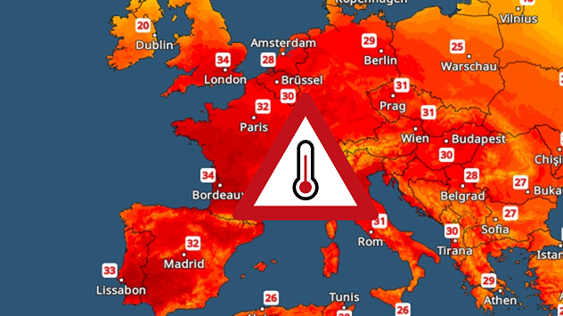 Wetterkarte von Europa mit verbreiteter Hitze über 30 Grad und Warnsymbol für außergewöhnlich hohe Temperaturen.