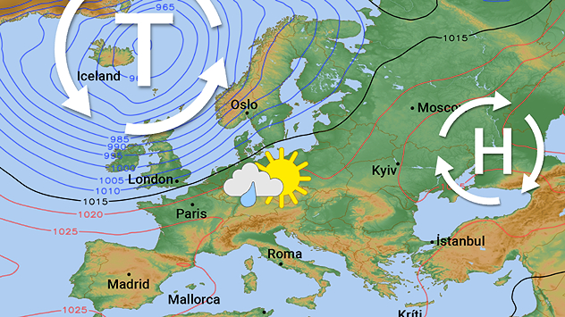 Europa-Wetterkarte mit Tief über Island und Hoch über Russland. Wechselhaftes Wetter über Mitteleuropa.