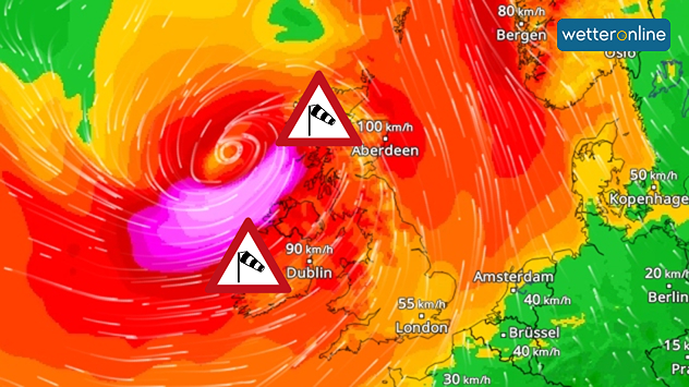 Radar éolien pour vendredi avec alerte de tempête pour l'Irlande et la Grande-Bretagne