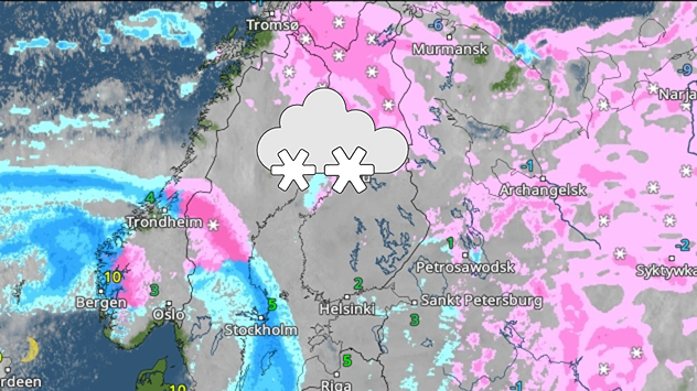 Mappa meteorologica con vaste aree innevate sulla Scandinavia e la Finlandia. Fronti nevosi si spostano da ovest verso est.