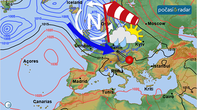 Synoptická situace nad Evropou, sobota 4. 10. Česko se ocitá v chladném a vlhkém severozápadním proudění na jižním okraji tlakové níže Amy.