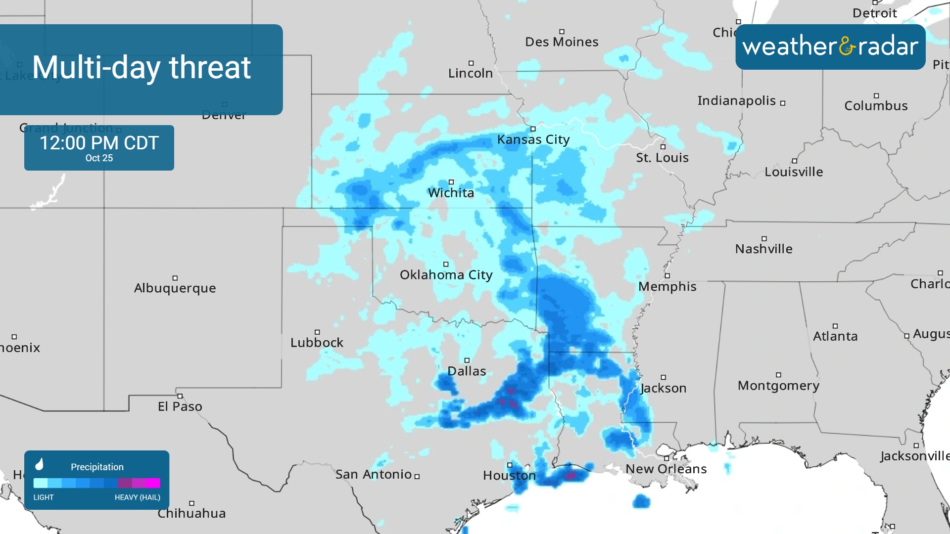 The RainRadar shows a multi-day rain threat for parts of the southern Plains and the Southeast.