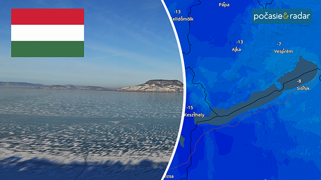 Vľavo zamrznuté jazero so snehom a ľadom, v pozadí ploché brehy. Vpravo mapa teplôt Maďarska s veľmi nízkymi mínusovými teplotami.