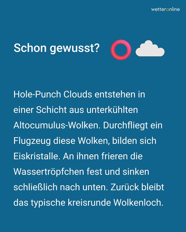 Infografik zur Entstehung von Hole-Punch Clouds mit Erklärung des kreisrunden Wolkenlochs.
