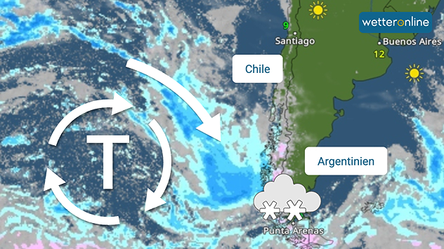 Meteorologická mapa Jižní Ameriky se symboly atmosférického tlaku a popisem