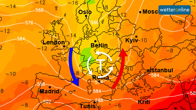 Wetterkarte mit Fünf-b-Tief