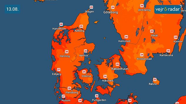 Onsdag den 13. august byder på sommervejr i hele landet med temperaturer mellem 23-27 grader.