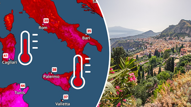 Immagine divisa. A sinistra, una mappa termica dell'Italia. A destra, una vista di Taormina e dell'Etna