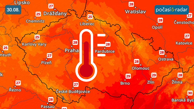 Předpověď maximálních denních teplot v Česku na neděli 30. srpna: Neděle do Česka přinese poměrně vysoké maximální teploty většinou mezi 24 až 29 °C.