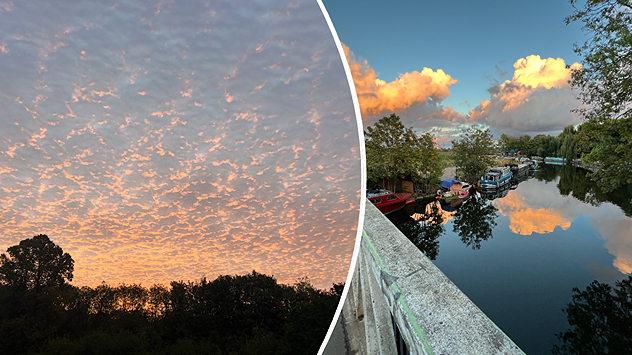 Split image showing peach-lit textured clouds above silhouetted trees and golden cumulus clouds reflected in a calm canal lined with boats.