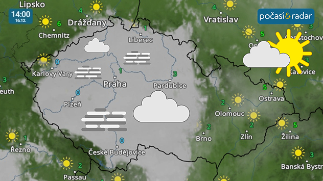 Meteoradar, screenshot, 16. 12. 14:00: V úterý během dne bude docházet zejména ve východní polovině našeho území k částečnému rozpouštění mlh a nízké oblačnosti.