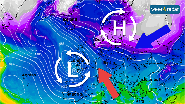De weerkaart voor eind van de week toont grote temperatuurverschillen. Vrieskou ligt net ten noorden en oosten van ons op de loer.