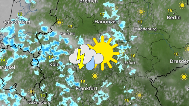 Wetterkarte mit Schauern und Gewitter im Westen Deutschlands. Nach Osten hin mehr Sonne.