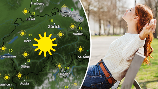 Links: Das WetterRadar für Dienstag. Rechts: Eine junge Frau auf einer Bank genießt die Sonne. 