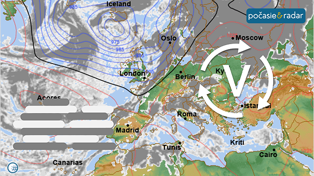 Synoptická situácia nad Európou, kde je vyznačený vysoký tlak vzduchu nad strednou Európou a vľavo dole symbol hmly.