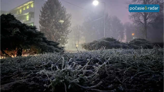 Hmlistá noc a námraza na tráve.