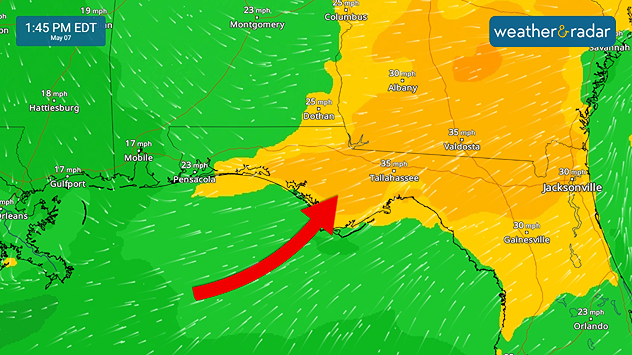 WindRadar: Southwesterly and southerly flow are bringing plenty of Gulf moisture in to feed the strong thunderstorms.