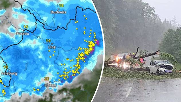 Splitbild mit Wetterkarte von Östereich links und Sturmschäden rechts.