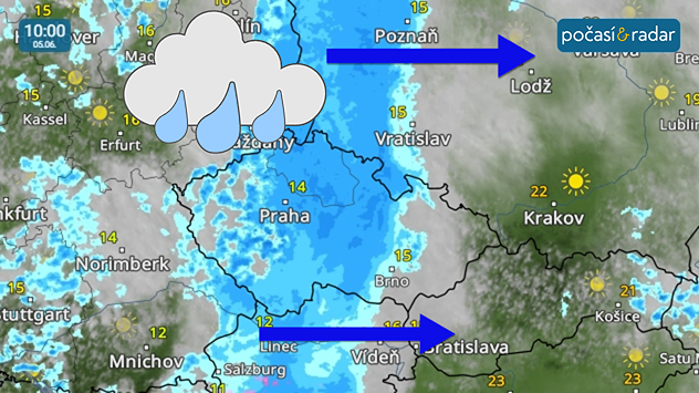 Meteoradar, screenshot, 5. června 10:00: Během noci na pátek a během pátečního dne bude přes Česko přecházet studená fronta.