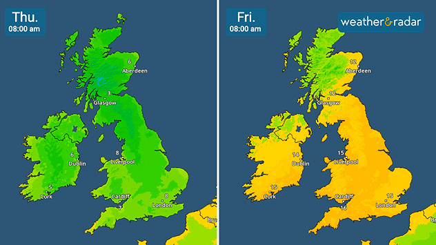 Split maps for Thursday and Friday at 08:00 showing temperatures rising from 3-8°C to 12-16°C across the UK and Ireland.