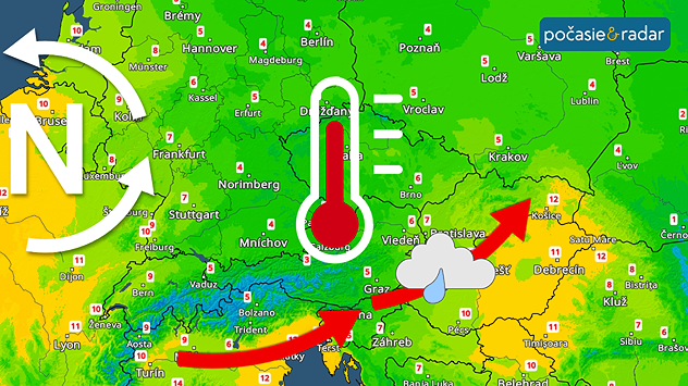 Teplotná mapa zobrazujúca vysoké decembrové teploty, systé nízkeho tlaku nad východným Atlantikom , smer prúdenia teplého vzduchu a symbol kvapky z mraku.