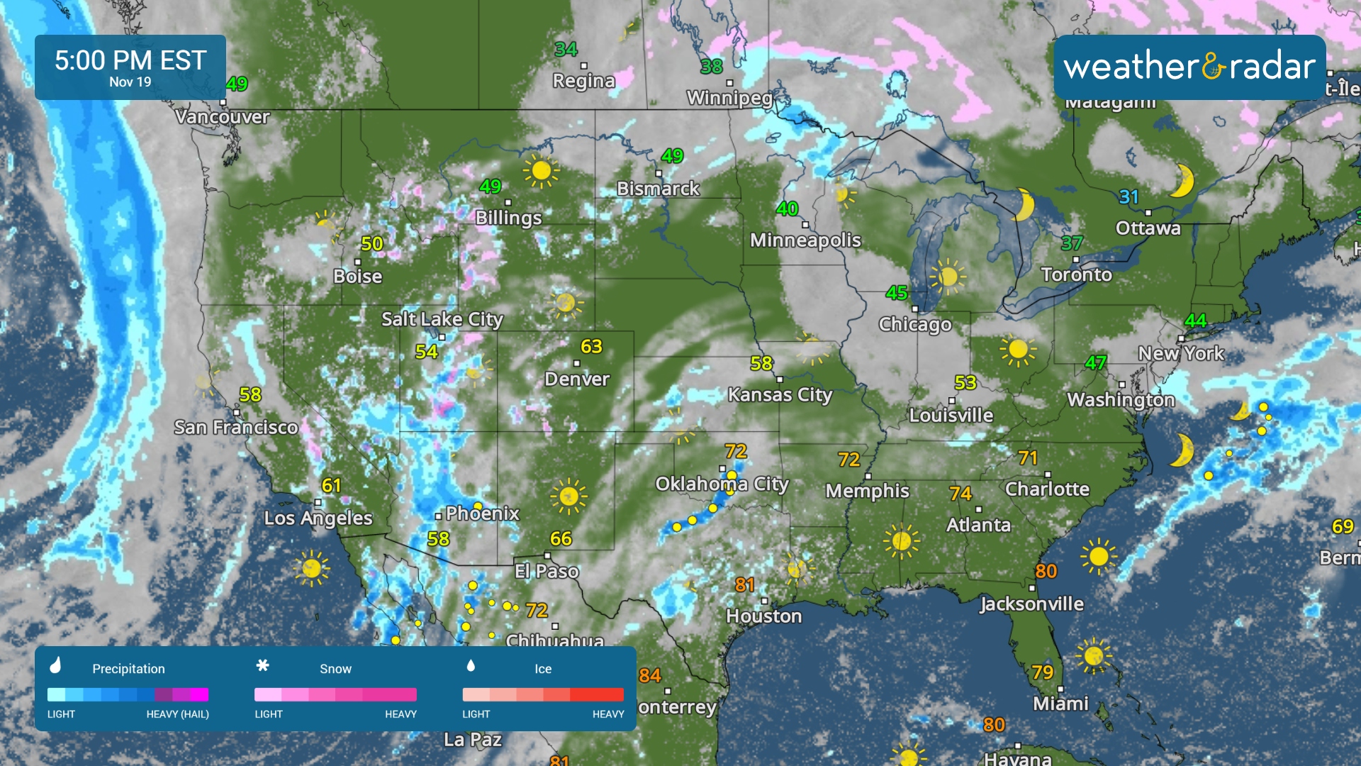 The WeatherRadar shows showers and storms for the Southwest and southern Plains.