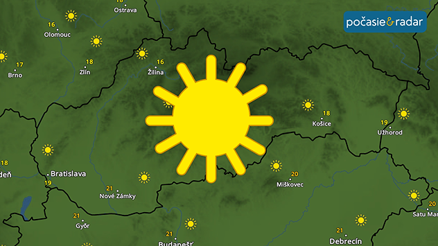 Mapa Slovenska s prevažne slnečným počasím a veľkou ikonou slnka, pričom denné teploty sa pohybujú približne od 16 do 21 °C.