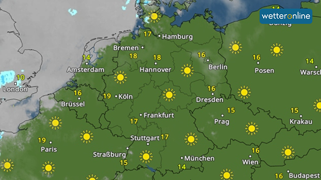 Wetterkarte von Deutschland mit vielen Sonnensymbolen. Temperaturen meist zwischen 14 und 18 Grad.