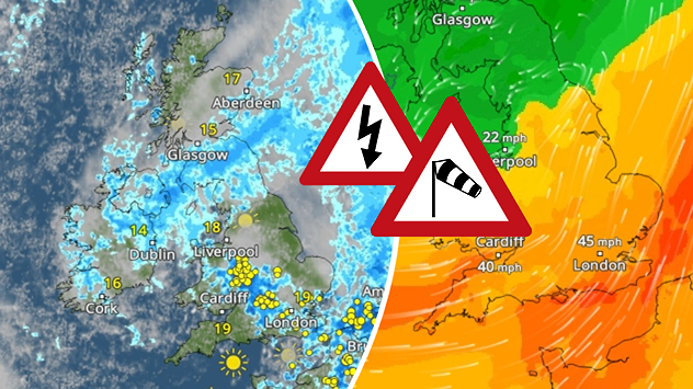 Split weather map showing the UK and Ireland: the left side displays widespread rain and showers, with temperatures between 16°C and 19°C, while the right side shows wind speeds, strongest in southern England with gusts reaching 45 mph near London. Two warning symbols in the centre highlight risks of thunderstorms and strong winds.