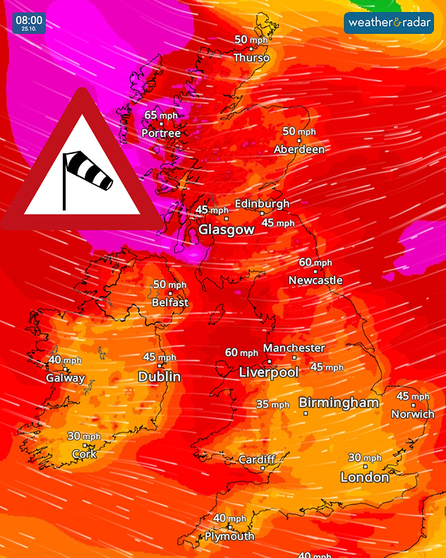 Wind forecast at 08:00 on 25.10 showing widespread 45–65 mph winds across the UK and Ireland, with purple and red zones and a warning symbol.