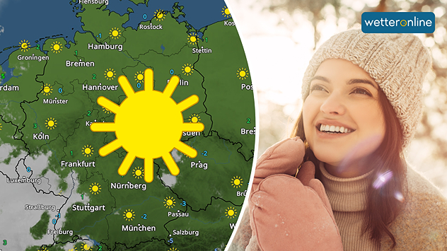 Frau mit Wollmütze und Handschuhen genießt lächelnd die Wintersonne im Freien; links eine Wetterkarte mit durchgängigem Sonnenschein über Deutschland.