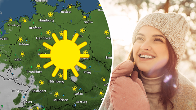 Frau mit Wollmütze und Handschuhen genießt lächelnd die Wintersonne im Freien; links eine Wetterkarte mit durchgängigem Sonnenschein über Deutschland.