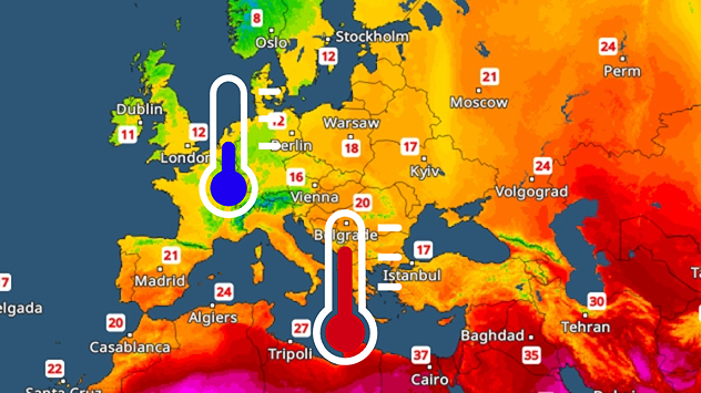 Temperature map of Europe showing thermometers. Warm air is found in the south, with cooler temperatures in Central Europe.