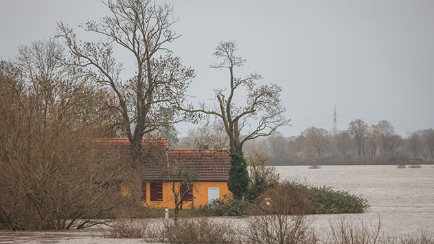 Das Hochwasser der Aller umfließt ein Haus.