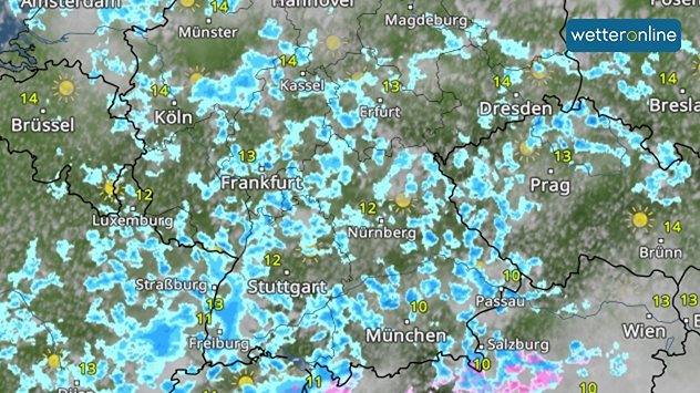 Auf der linken Seite ist ein WetterRadar zu sehen: Über Deutschland treten verbreitet Schauer auf, vor allem im Westen und Süden (z. B. um Köln, Freiburg, München). 