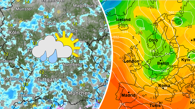 Auf der linken Seite ist ein WetterRadar zu sehen: Über Deutschland treten verbreitet Schauer auf, vor allem im Westen und Süden (z. B. um Köln, Freiburg, München). Auf der rechten Seite ist eine Höhenwetterkarte (mit kalter Luft über Mitteleuropa dargestellt: