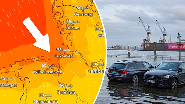 WindRadar von Montag und Foto von überschwemmten Parkplätzen an der Elbe